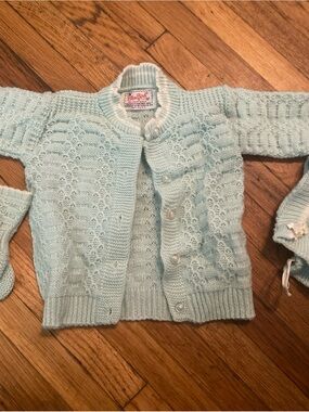 Vintage 60s Blue Bird Baby Set • Sweater Bonnet Booties 0-6M